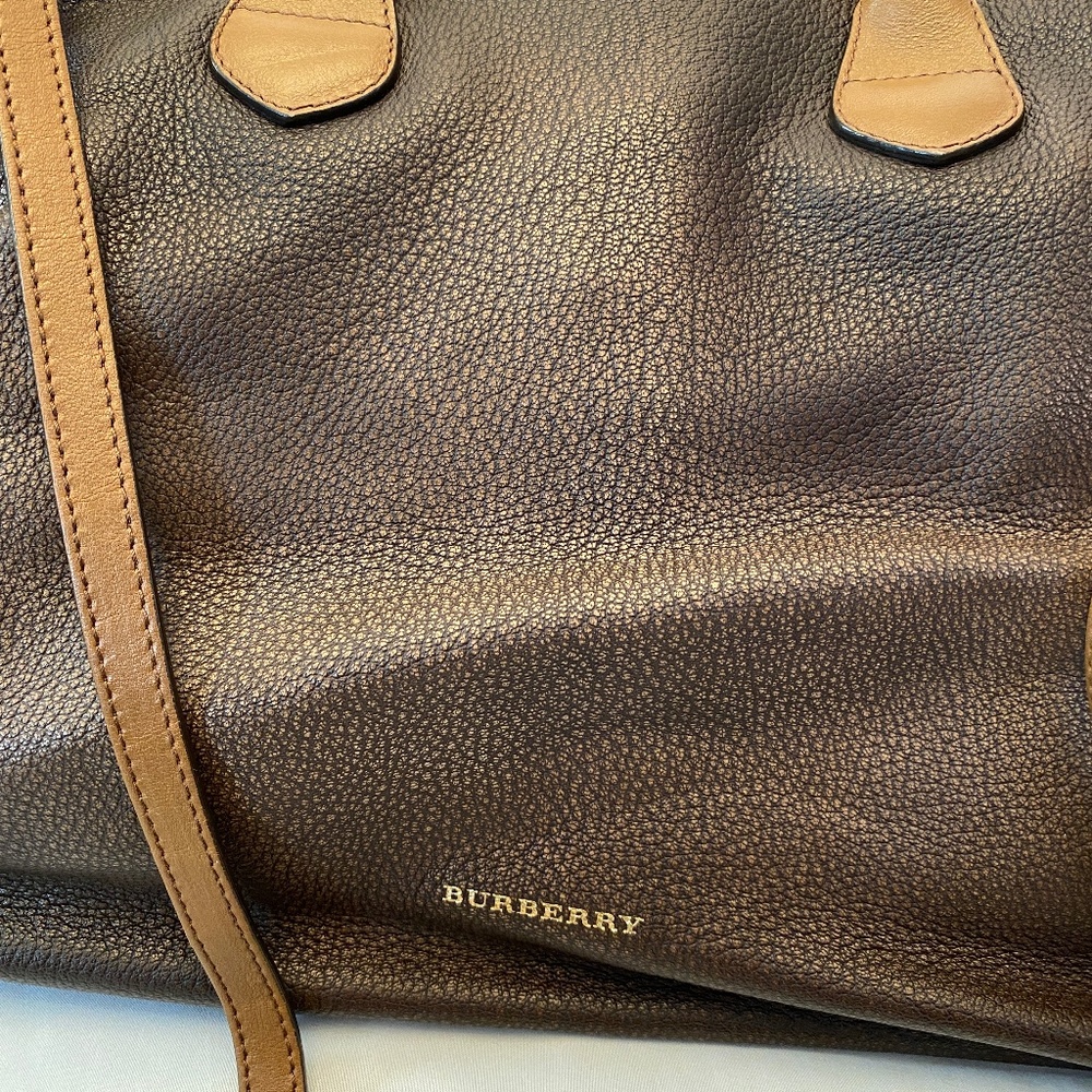 Burberry Medium Banner Tote Brown and Tan Leather Tote Bag- flaw